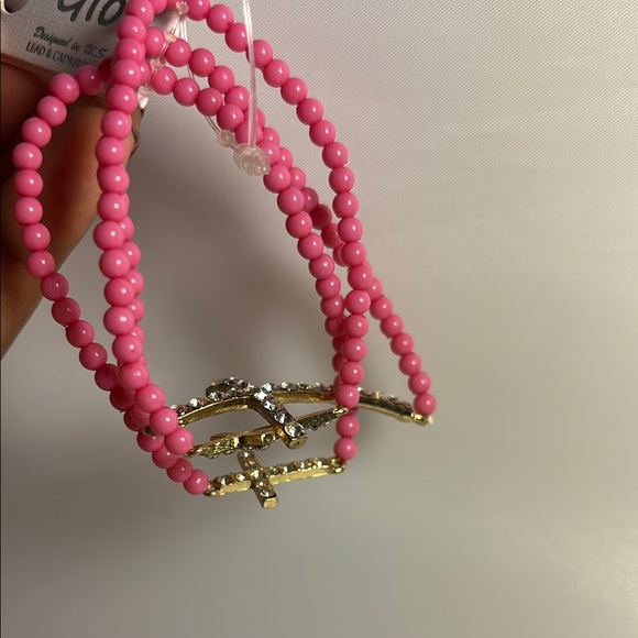 Pink Beaded and rhinestone Bracelets set of 3 with Gold Cross Charms - Picture 2 of 2